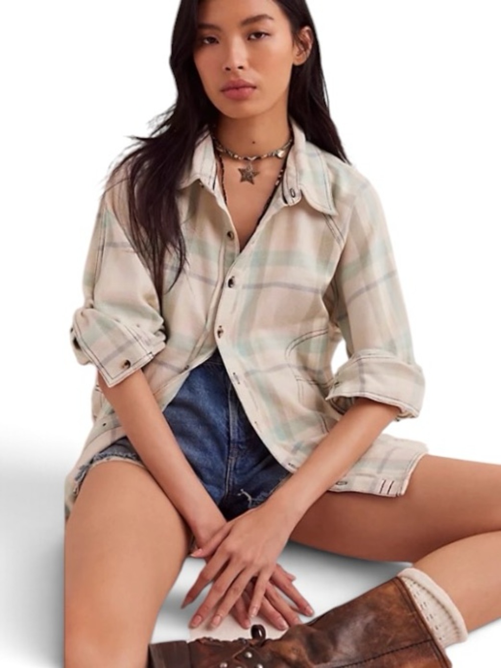 We The Free People Girl Meets Boy ivory / tea combo plaid flannel shirt L NEW